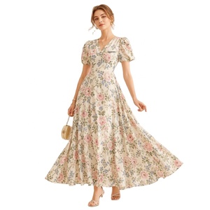 Abito Lungo Personalizzato OEM con Logo, Stampa Floreale Giardino di Rose Inglese, Maniche a Sbuffo, Stile Romantico, Vestito Floreale <span class=keywords><strong>da</strong></span> Donna - Product Image 1