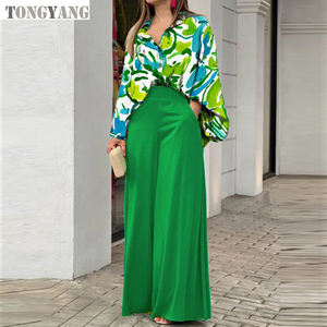 TONGYANG 2-teiliges Set Neu bedruckter Freizeit anzug Lose großes Revers hemd Hohe Taille Flare Pants Zweiteiliges Set Herbst Frau Kleidung - Product Image 5