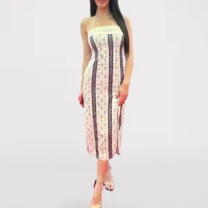 ओईएम धारीदार लंबी पुष्प प्रिंट मैक्सी बोहेमियन कॉटन महिलाओं के लिए औपचारिक स्कर्ट फ्रॉक ऑफ शोल्डर स्लिट बॉडीकॉन स्किनी ड्रेस