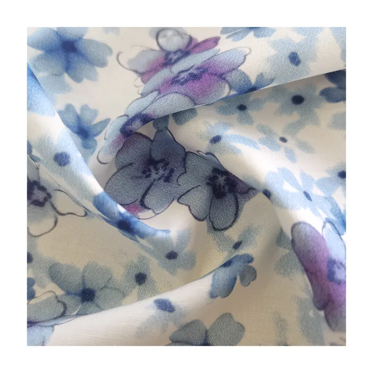High quallity 21% silk 79% cotton wholesale silk cotton fabric Summer's Day lake-blue ink flowers