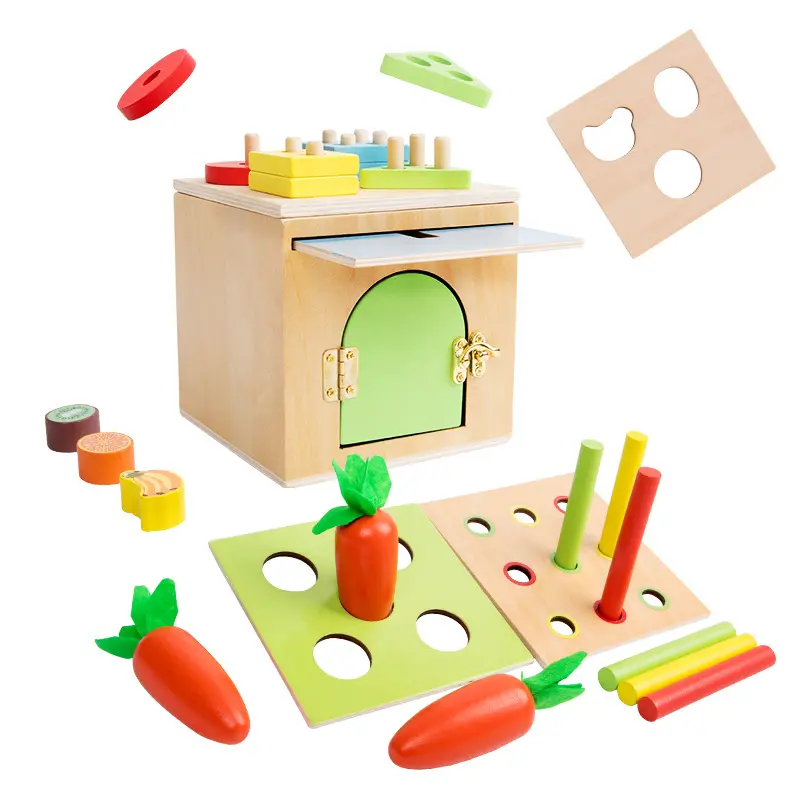 Montessori 2023 Brinquedos de Aprendizagem Educacional para Crianças Objeto Permanência Caixa Cenoura Colheita Forma Sorter 6-em-1 Kit De Madeira Para Brincar De Madeira