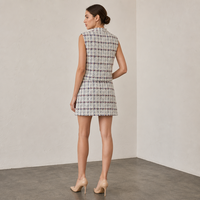 Robe en tweed pour femme, sans manches, mini-robe ajustée, à carreaux, en bouclé, avec col à volants, robe de soirée, robe de cocktail