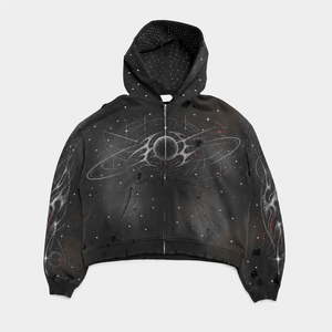 เสื้อฮู้ดดี้ทรงบ็อกซี่แบบครอป ซิปหน้า ผ้าหนา 450 กรัม พิมพ์ลายกราฟิกประดับคริสตัล ฟอกสีสไตล์วินเทจ สตรีทแวร์สำหรับผู้ชาย - Product Image 1