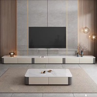 Ensemble meuble TV et table basse en bois massif, style moderne minimaliste de luxe léger, avec plateau en pierre extra long, pour petit appartement et salon