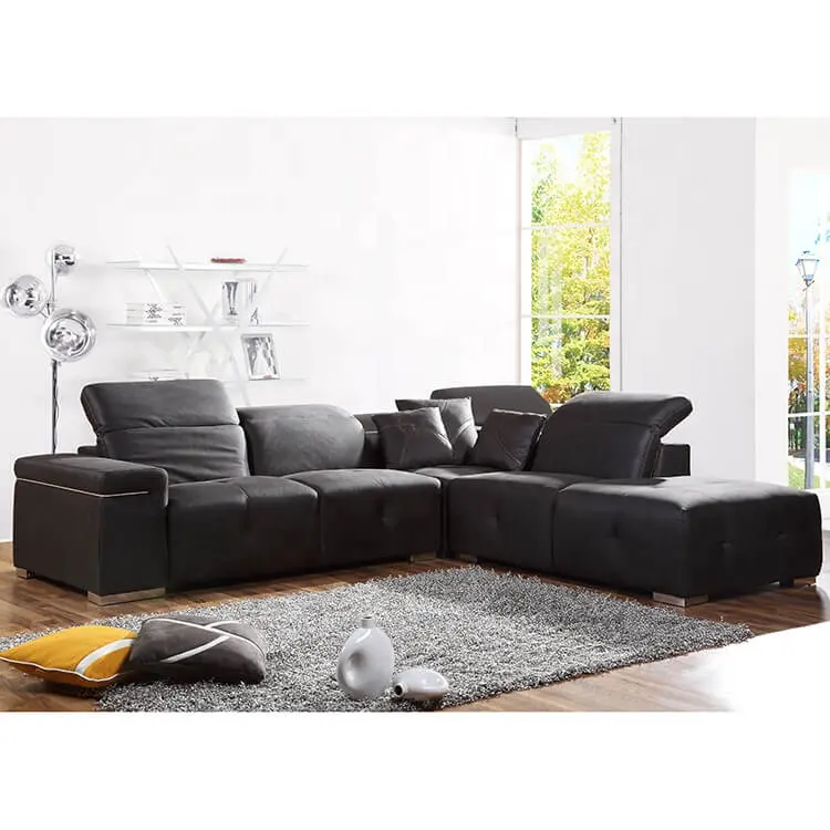 Desain Gaya Modern Furnitur Rumah Ruang Tamu Sofa Bersekat Bentuk L Convertible Kulit Hitam