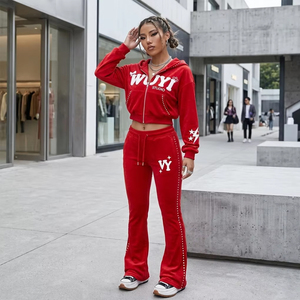 Baddie Style Custom Logo <b>Red</b> Velvet Tracksuit Women Y2K Streetwear Puff Print Cropped Zip Up Hoodie <b>Flare</b> Sweatpants Set - Product Image 2