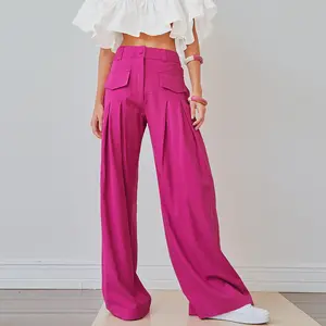 2022 Spring and Autumn New Fashion Rose Red Wide Leg Pants Cotton linen Loose Relaxed High Waist Pants 51522