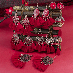 <b>Red</b> Tassel <b>Earrings</b> Women Geometric Long <b>Drop</b> Bridal Wedding Autumn Winter Chinese Style Jewelry - Product Image 1