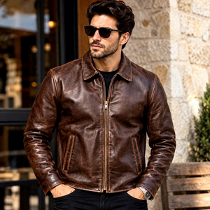 Veste moto en cuir véritable marron pour homme, col rabattu, fermeture éclair, coupe classique, style automne - Product Image 1