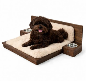 Cama de Lujo Personalizada para Mascotas, Hecha a Mano con Madera Natural, Casa Moderna para Perros con Comederos Integrados - Product Image 4