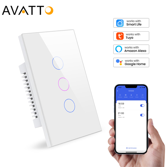 Avatto Tuya WiFi US Standard Glass Touch Light Wall Smart Switch Support App Remote Control