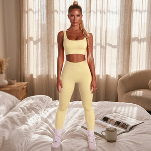 Women 2 Piece Yoga Set Sleeveless Crew Neck <b>Crop</b> <b>Top</b> High Waist Full Length Leggings Solid Yellow Seamless Stretch Breathable - Product Image 4