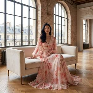 Elegante Abito <span class=keywords><strong>Lungo</strong></span> in Chiffon <span class=keywords><strong>Rosa</strong></span> con Stampa Floreale, Scollo a V, Maniche Lunghe, Vita Morbida, Lunghezza al Pavimento, Sexy e Casual per Uso Quotidiano - Product Image 4