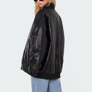 Giacche in ecopelle da <span class=keywords><strong>donna</strong></span> con <span class=keywords><strong>Bomber</strong></span> da Baseball oversize in Pu <span class=keywords><strong>lungo</strong></span> Design personalizzato di moda Vintage - Product Image 5