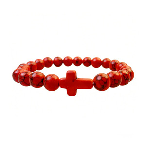 Cross <b>Bracelet</b> <b>Red</b> Volcanic Stone Elastic Yoga Bangle Unisex Jewelry YM-0238 - Product Image 3