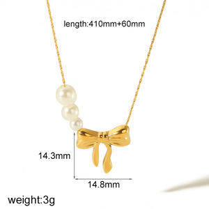 Ensemble collier et boucles d'oreilles nœud papillon doré, plaqué or 18 carats, pendentif perle, bijoux de fête, accessoires de mode pour femmes - Product Image 4