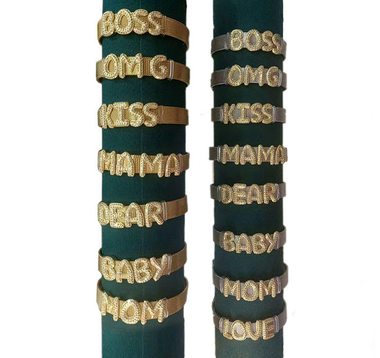 BC2135 Personalized Name Custom 18K Gold Plated CZ Pave Puffy Bubble Letter  Initial Word Mesh Bracelet Bangle Wristband