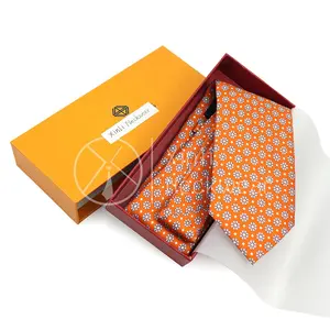 Vibrant Manufacturers Orange Color Gift Box Necktie High Quality Silk Screen Printing Floral Ties For Men