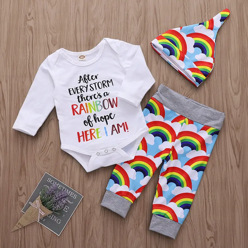 Bebê Recém-nascido Conjunto Roupas 0-24M Longo-sleeved cor alfabeto calça + Chapéu bodysuit + rainbow roupas de bebê menino menina 3 peças