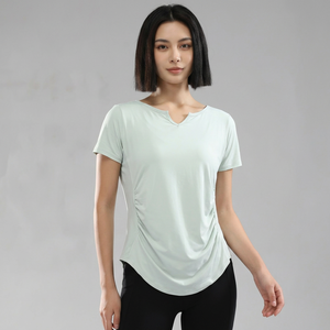 T-shirt de yoga pour femme, col en V, froncé sur les côtés, léger, coupe ample, manches courtes, pour l'entraînement, grandes tailles, Pilates, vêtements de sport, OEM ODM - Product Image 1