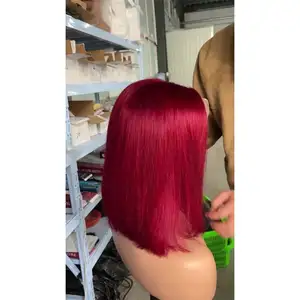 BIG DISCOUNT 150% Density Short Bob 4*4 Lace Front Human Hair Wigs Burgundy Straight HD Transparent Lace Front Wig For Women