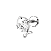 Anting-anting titanium G23 ASTM F136 bentuk hati dengan ulir dalam, bertabur CZ, untuk anak-anak, cocok untuk tulang rawan telinga, helix, dan tragus.