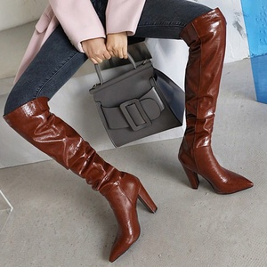 Reflective High Quality PU Upper Slip-on Big Size 43 Women Over Knee High <b>Boots</b> Chunky Heel Lady Pointed Toe Thigh High Booties - Product Image 6