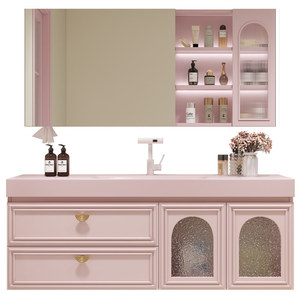 <b>Large</b> unit pink rock slab seamless ceramic basin intelligent <b>mirror</b> wall hanging bathroom cabinet - Product Image 4