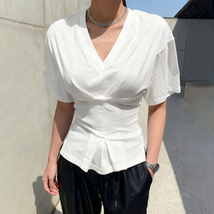 Camiseta Casual de Punto con Cuello en V, Color Sólido, Estampado Digital, Corte Ajustado, Elegante, Manga Corta, Top de Verano - Product Image 1