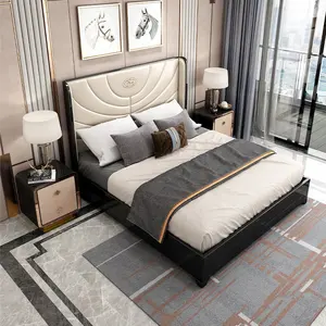 ODM现代睡眠不良特大床架豪华皮革特大床头板双层全尺寸卧室家具