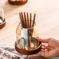 Support à ustensiles en verre borosilicate avec base en bois détachable, pot de rangement multi-usage en verre pour comptoir de cuisine