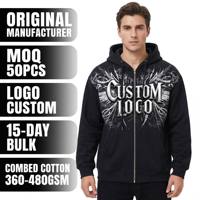 Sweat à capuche zippé intégral pour homme en coton peigné 460 GSM, noir personnalisé, avec sigil cybernétique chromé métallisé, motif graphique symétrique, style gothique urbain, automne