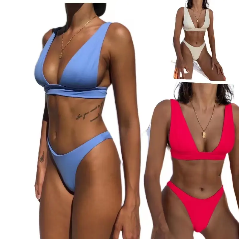 2022 özel logo seksi mayo katı V boyun yüksek streç dikiş kırpma üst Set iki parçalı kadın Mini geri toka bikini seti