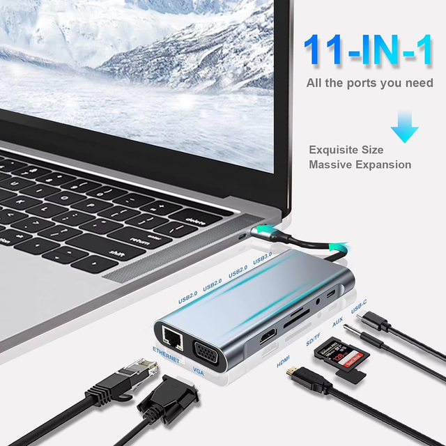 11 in 1 USB C Hub Splitter USB3.0 Data Docking Station Type-C Adapter for Computer Laptop OTG Feature