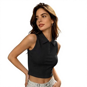 Women's White Sleeveless Polo Neck Crop <b>Top</b> Solid Color <b>Preppy</b> Style Slim Fit Spring Summer Woven Poplin Shirt - Product Image 3