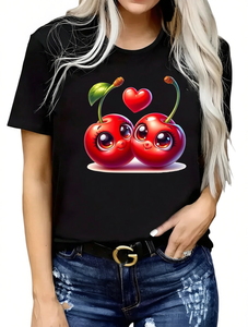 T-Shirt da Donna Cherry Love con Collo Tondo, Stampa Cuore Cartoon per San Valentino, Casual Sportiva a Maniche Corte in Jersey 100% Cotone - Product Image 1