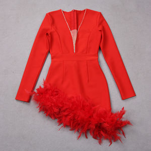 Elegante Mini Abito <span class=keywords><strong>Aderente</strong></span> Fasciante <span class=keywords><strong>Corto</strong></span> da Festa a Maniche Lunghe con Piume di Struzzo Rosse - Product Image 5