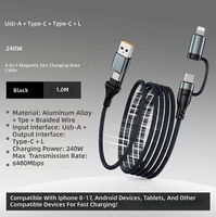 Kabel Data Pengisian Cepat 240W USB-A Magnetik Empat-dalam-Satu dengan Konektor Micro USB/Type-C, Jalinan Jaring Ikan, Garansi 12 Bulan