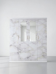 Armoire en acier imprimé haute brillance à 4 portes, double porte miroir battante, cadre blanc, armoire de chambre moderne - Product Image 3