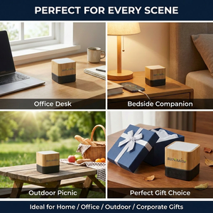 Haut-parleur sans fil en bambou naturel écologique, boîte audio carrée durable, mini cube premium, cadeaux verts pour entreprises - Product Image 2