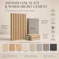 Buffet de salle à manger intégré Japandi minimaliste bio avec lattes en chêne et micro-ciment pour villa zen