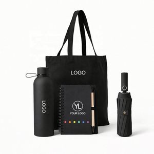 Set de Regalo Corporativo Negro con Logotipo Personalizado, con Bolsa de Lona, Botella de Agua, Cuaderno y Paraguas para Bienvenida - Product Image 1