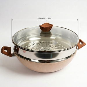 Sartén Profunda Antiadherente de Aleación de Aluminio y Cerámica, <span class=keywords><strong>Wok</strong></span>, Olla Grande <span class=keywords><strong>para</strong></span> Cocinar, con Mango con Diseño de Madera y Vaporera - Product Image 4