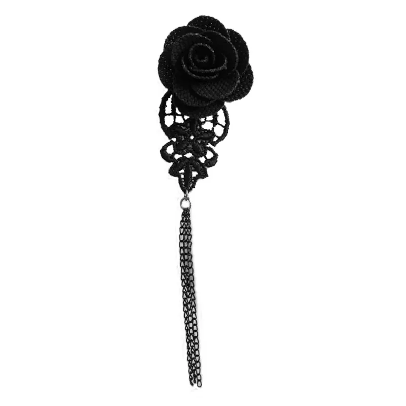 Broche artesanal de borla, broche fofo e preto com flores, broche de borla, fivela de corpete, acessórios vintage para mulheres
