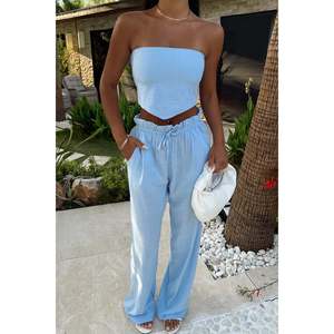 Conjunto de Lino BLUE HENRI - Dos Piezas Estilo Casual para Primavera, Verano y Otoño, Corte Ajustado, Top y Pantalón, Tejido Elástico Bordado, Talla 2XL, 2 Piezas - Product Image 5