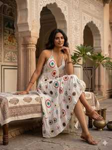 Robe longue bohème dos nu pour femme – Robe longue fluide en rayonne lurex pour les vacances à la plage, style bohème hippie - Product Image 3