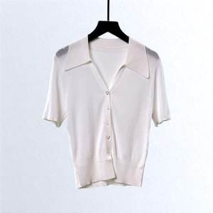 Factory Low MOQ Wool Cotton Viscose Nylon Knitwear <strong>Polo</strong> <strong>Neck</strong> Fine Knit Women Cardigan Half Sleeve Office <strong>Lady</strong> Sweater <strong>Jumper</strong> - Product Image 4