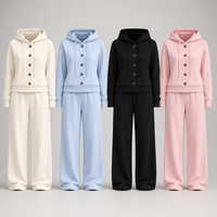 Setelan Tracksuit Wanita Berkerudung dengan Kancing 2026 Kedatangan Baru Logo Kustom Sweatshirt Celana Lebar Streetwear Musim Gugur Musim Dingin 2 Potong