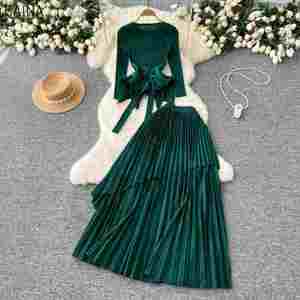 Nouveaux ensembles décontractés pour femmes, longueur midi, motif uni, tunique avec haut asymétrique, jupe plissée taille haute, design de vêtements américains - Product Image 1