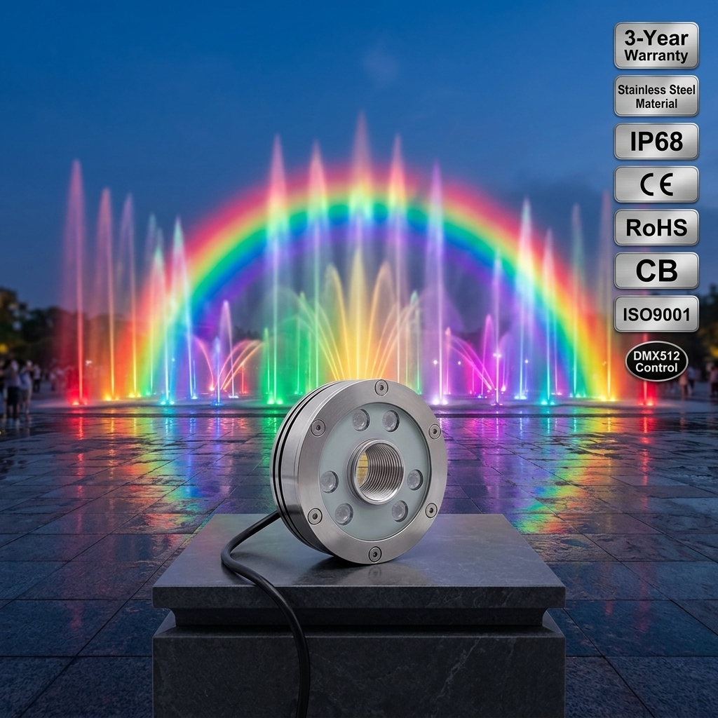 IP68 Waterproof Stainless Steel 3 Years Warranty 100mm Warm White RGB Submersible Super Bright Underwater Music Fountain Light